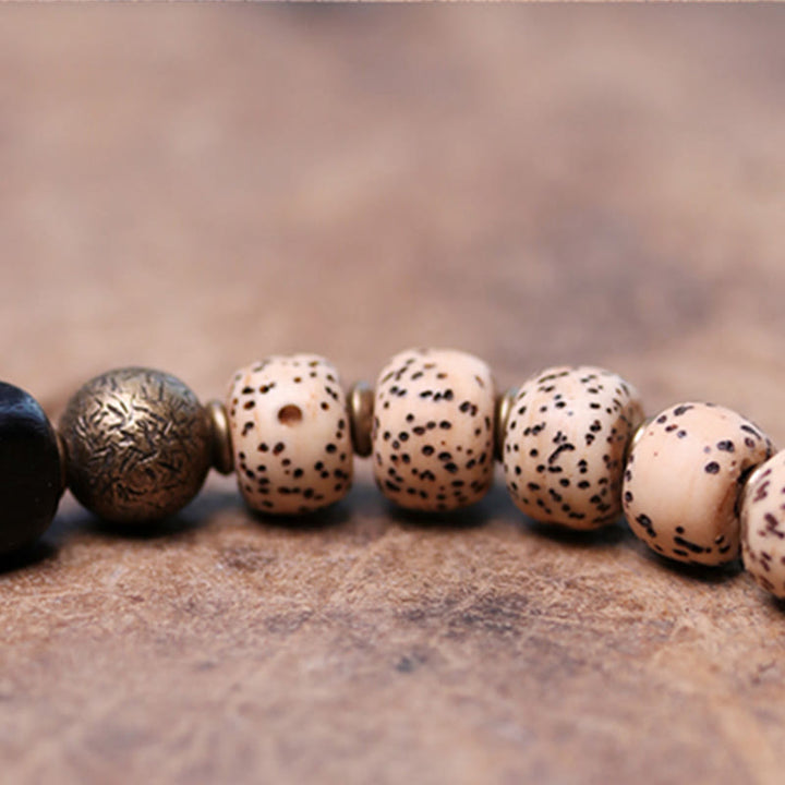 Pulsera de paz de cobre y madera de ébano, obsidiana negra, semilla de Bodhi tibetana, Buddha Stones