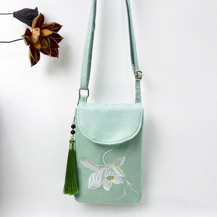 Bolso bandolera con flores bordadas pequeñas y Buddha Stones, bolso de hombro, bolso para móvil de doble capa
