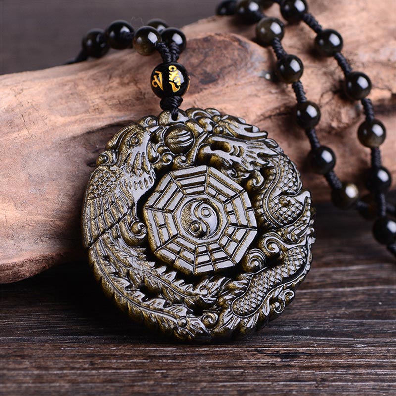 Colgante de collar de energía curativa de obsidiana dorada con Buddha Stones
