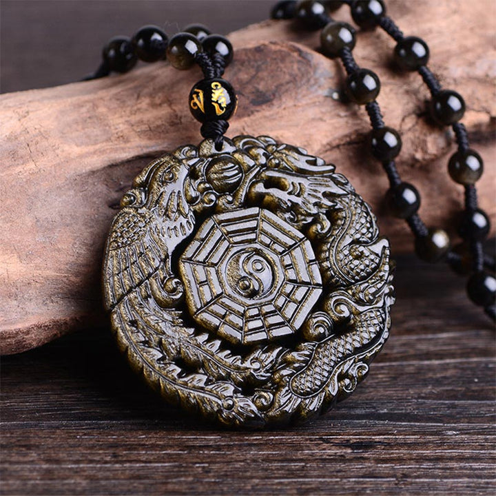 Colgante de collar de energía curativa de obsidiana dorada con Buddha Stones