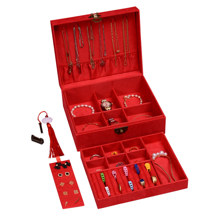 Caja organizadora de joyas de diseño Simple con Buddha Stones, caja de almacenamiento de joyas de dos capas, caja de franela con cerradura - Rojo 23 x 19 x 6,5 cm - image 19