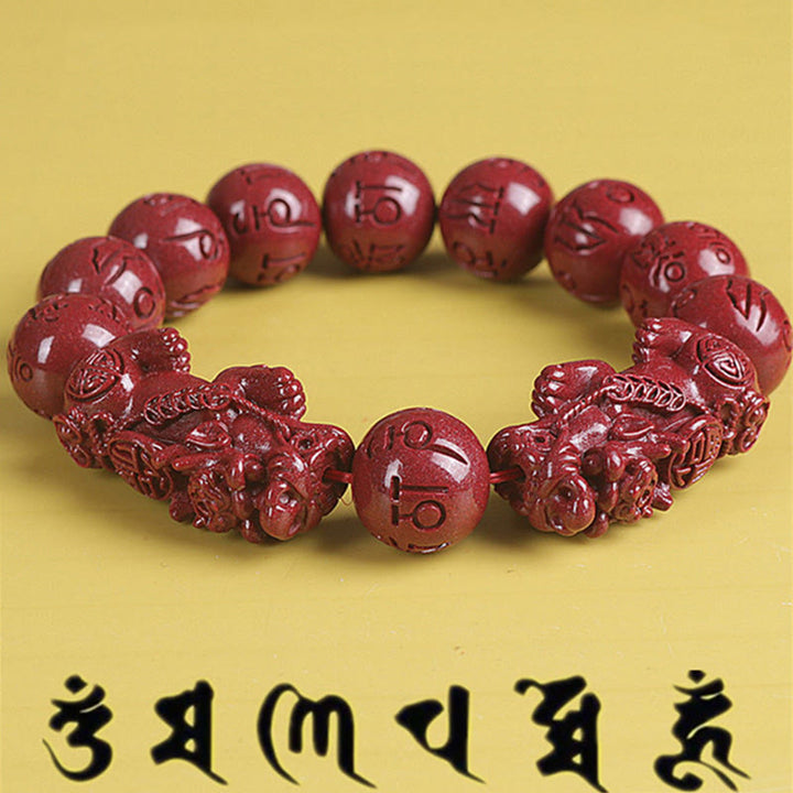Pulsera de cuentas de cinabrio PiXiu doble Natural Om Mani Padme Hum riqueza y suerte