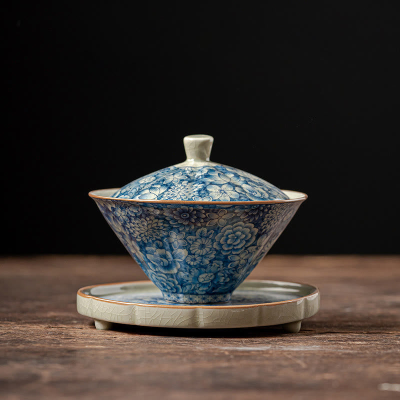 Buddha Stones azul y blanca vintage Flor de durazno Loto Peonía Cerámica Gaiwan Sancai Taza de té Kung Fu Taza de té y platillo con tapa