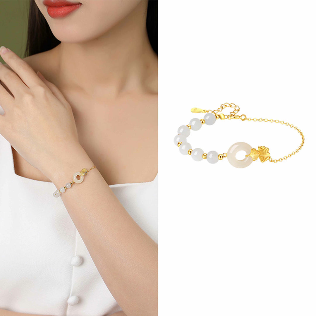 Pulsera de la suerte de hoja de ginkgo con hebilla de paz de jade blanco hetiano de plata de ley 925 con Buddha Stones