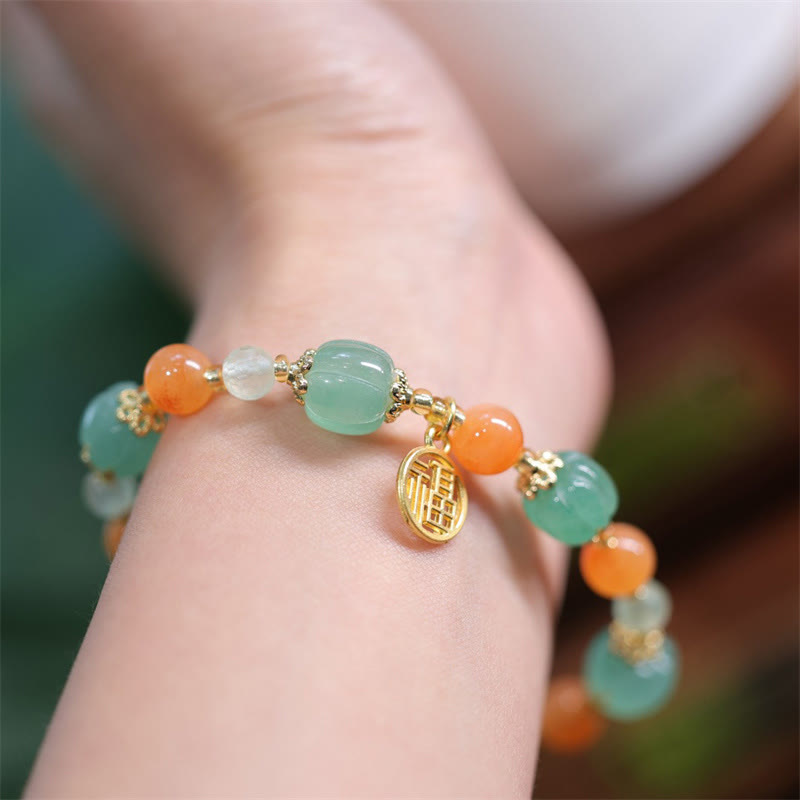 Pulsera de riqueza con dije de personaje Fu, cuentas de calabaza de Jade de seda dorada Natural con Buddha Stones