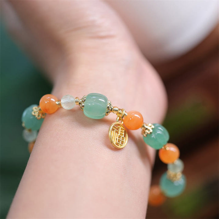 Pulsera de riqueza con dije de personaje Fu, cuentas de calabaza de Jade de seda dorada Natural con Buddha Stones
