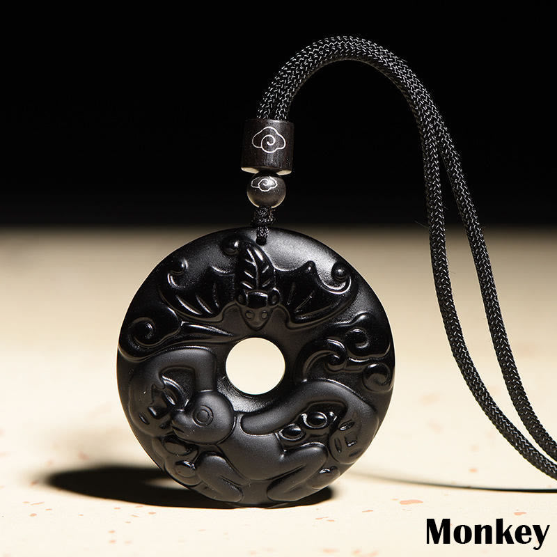 Collar con colgante de fuerza con hebilla de paz, obsidiana negra Natural del zodíaco chino , Buddha Stones - Mono - image 20