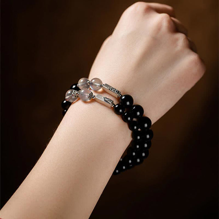 Pulsera de pareja de fuerza de piedra lunar de obsidiana de plata de ley 925 - image 11