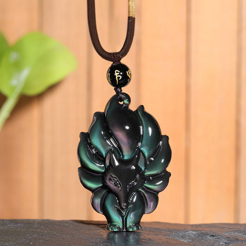 Buddha Stones, obsidiana arcoíris Natural, brillo dorado, obsidiana, zorro de nueve colas, colgante positivo - Zorro de nueve colas de obsidiana arcoíris - image 0