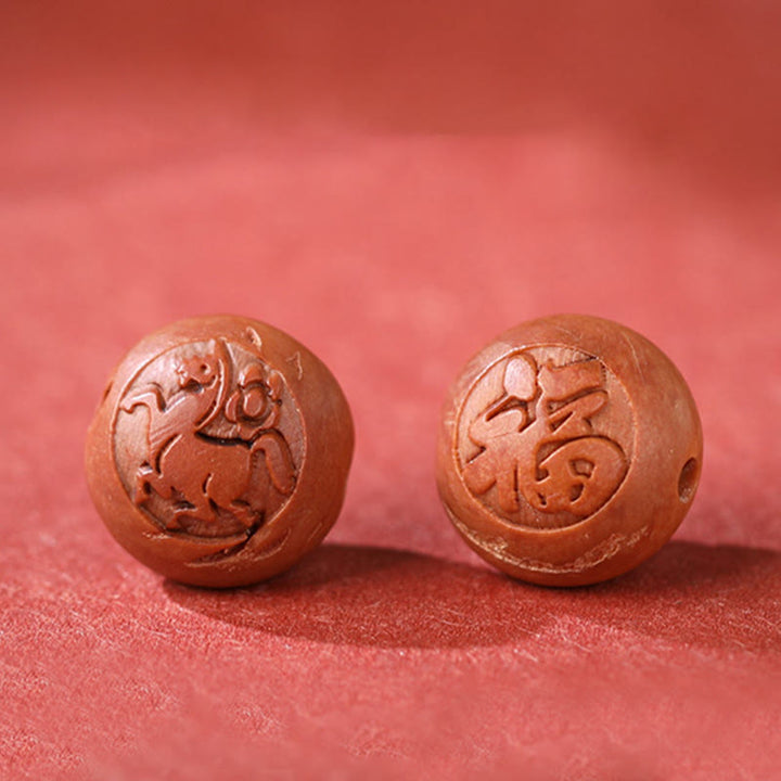 Pulsera de riqueza de cinabrio tallada con carácter del zodíaco chino, madera de melocotón Natural, Buddha Stones - image 21