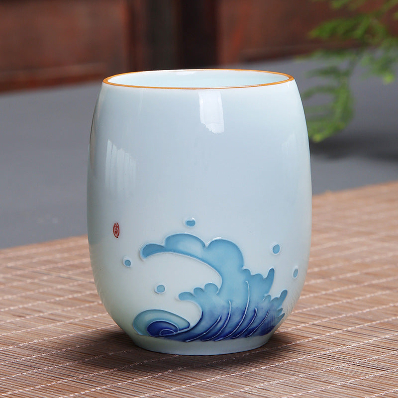 Taza de té de cerámica con Buddha Stones, pez Koi, paisaje de loto, diente de león, flor de peonía, taza de té de Kung Fu