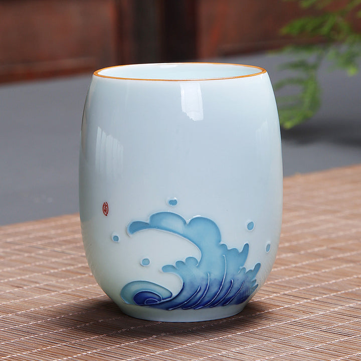 Taza de té de cerámica con Buddha Stones, pez Koi, paisaje de loto, diente de león, flor de peonía, taza de té de Kung Fu