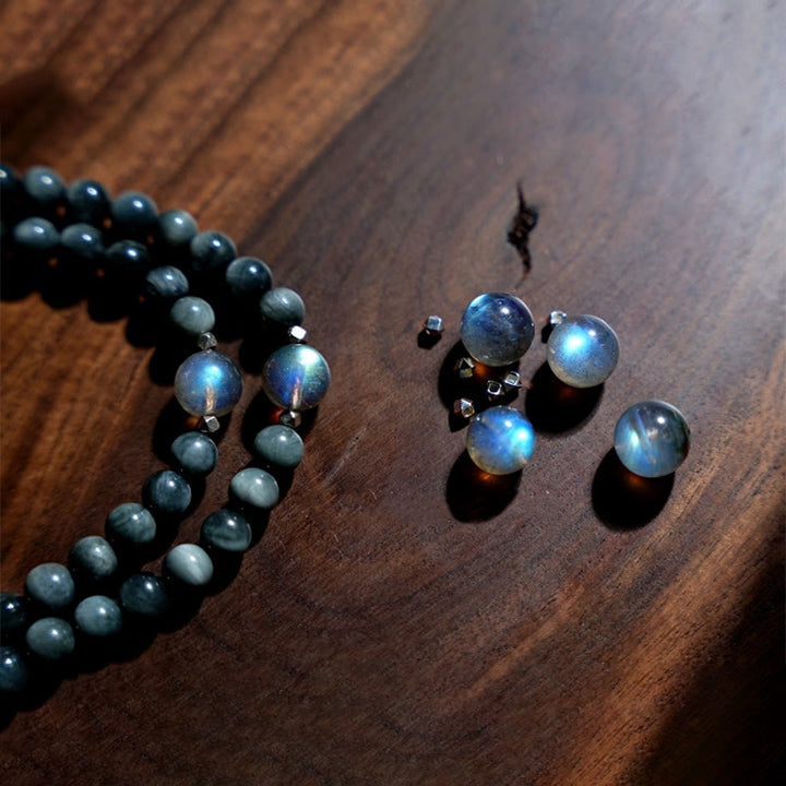 Buddha Stones Plata de Ley 925 108 Cuentas Mala Piedra Ojo de Águila Pulsera Positiva de Piedra Lunar