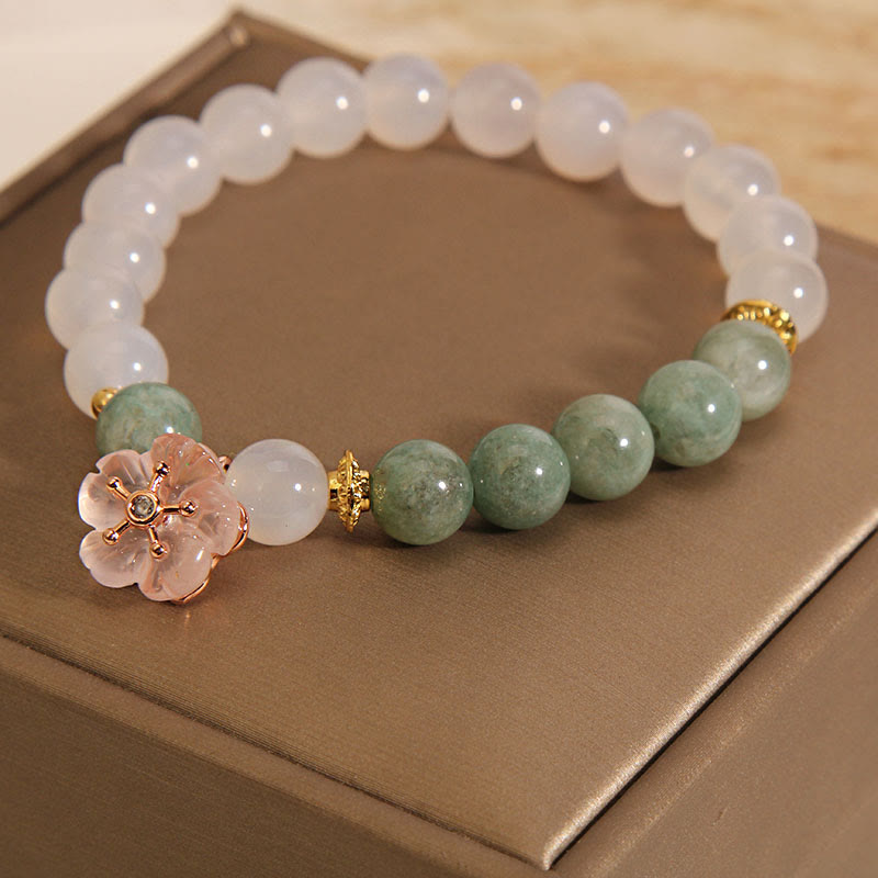 Pulsera de protección de la suerte con dije de flor de jade de ágata blanca con Buddha Stones