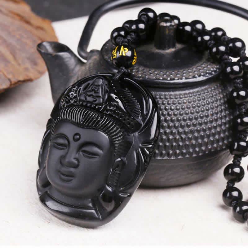 Buddha Stones Obsidiana Negra Natural Kwan Yin Avalokitesvara Collar de Cuerda de Fuerza Colgante - image 6