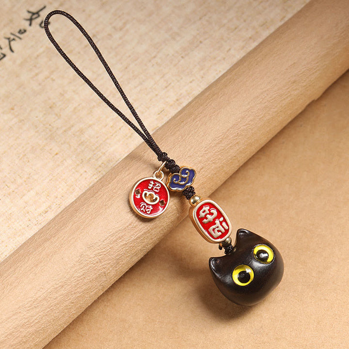Buddha Stones de madera de ébano, gato de la suerte, nube propicia, llavero de paz, decoración colgante para teléfono - Gato de ojos amarillos - Decoración para colgar el teléfono - image 8