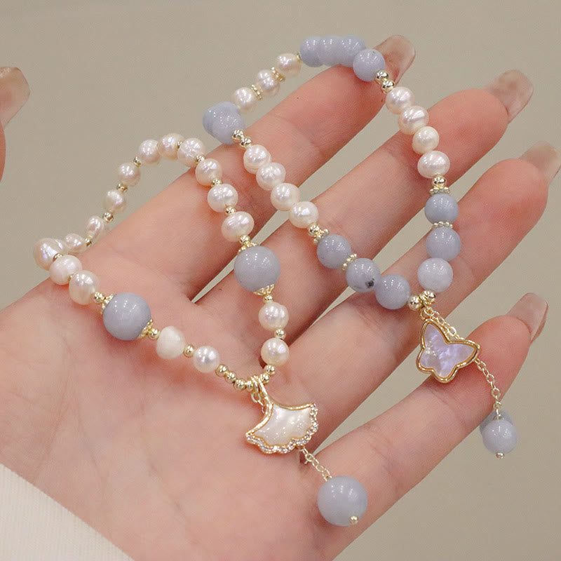 Pulsera con dije de mariposa y hoja de Ginkgo curativa con perlas de aguamarina naturales y Buddha Stones