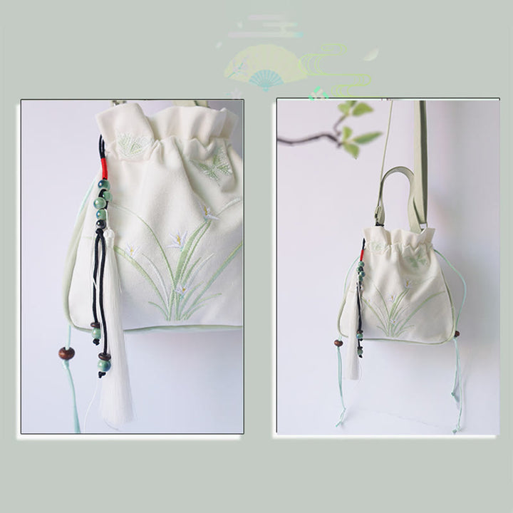 Bolso de hombro de lona con flores bordadas hechas a mano con Buddha Stones - image 8