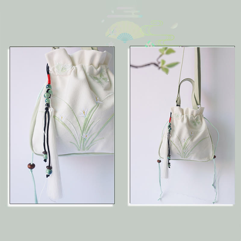 Bolso de hombro de lona con flores bordadas hechas a mano con Buddha Stones