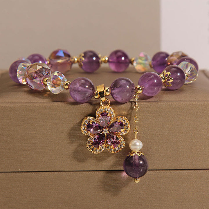 Pulsera de transformación positiva con dije de flor de perla de amatista natural