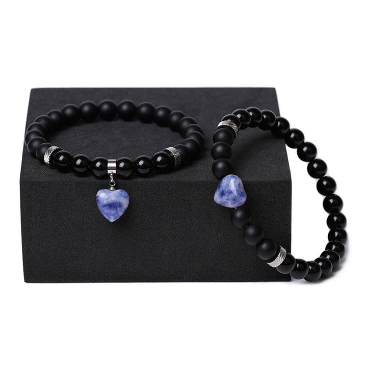 Buddha Stones 2 piezas de piedra de cristal de ónix negro amor protección del corazón pulsera de pareja