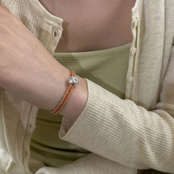 Pulsera Trenzada Multicolor De La Suerte Caqui De Plata De Ley 999 Con Buddha Stones