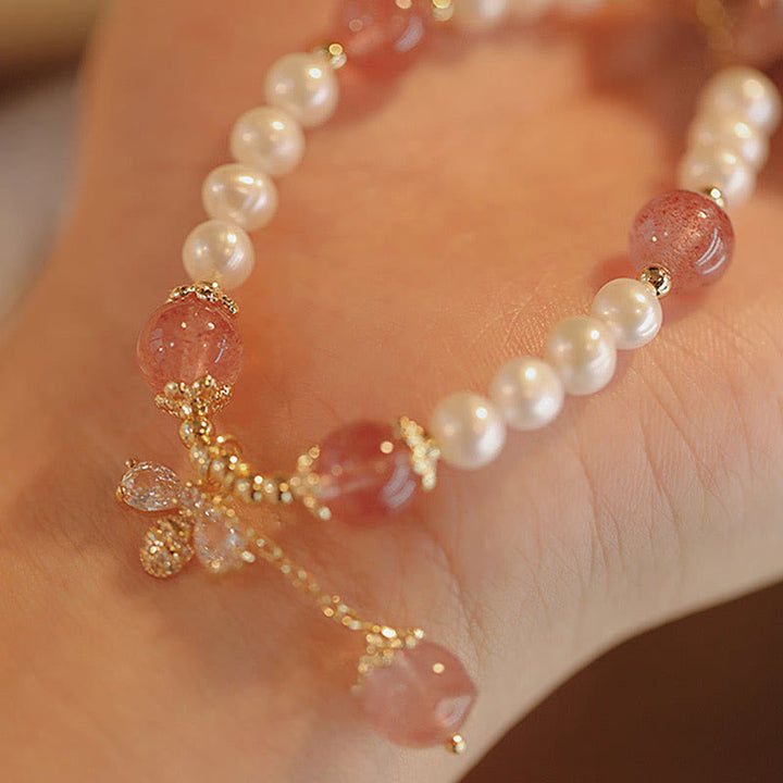 Pulsera con dije de abeja y miel curativa de cuarzo fresa y perlas naturales con Buddha Stones