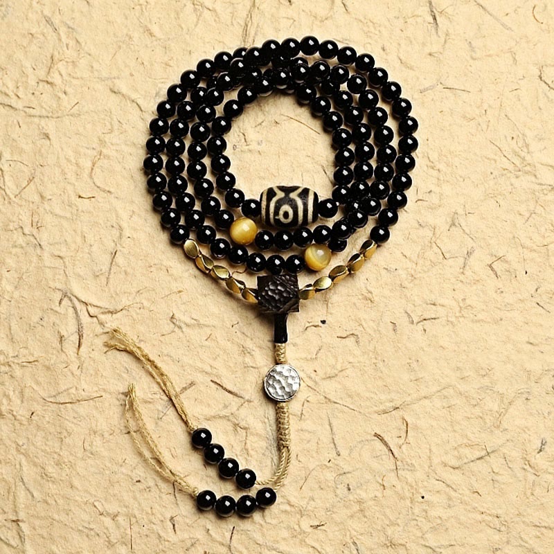 Pulsera de protección de cuentas Dzi de tres ojos de ónix negro con cuentas tibetanas de 108 Mala