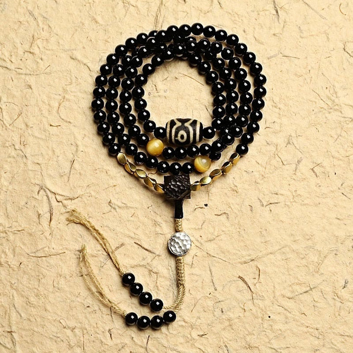 Pulsera de protección de cuentas Dzi de tres ojos de ónix negro con cuentas tibetanas de 108 Mala