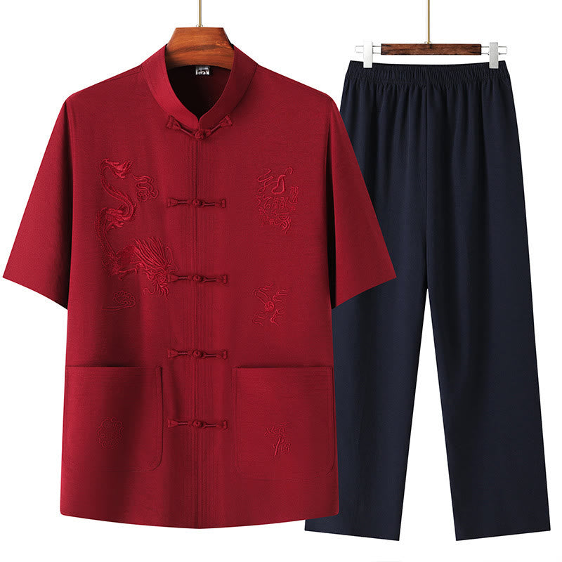 Traje Tang de Buddha Stones Hanfu dragón chino uniforme de kungfú tradicional camisetas y pantalones de manga corta conjunto de ropa para hombre