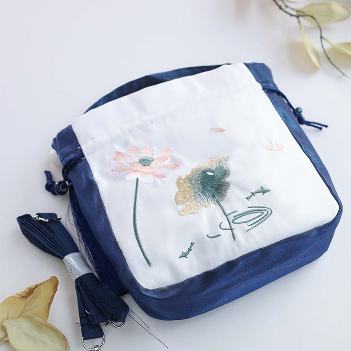 Buddha Stones Bordadas Loto Koi Pez Grulla Camelia Algodón Lino Tote Bandolera Bolso Bandolera Bolso