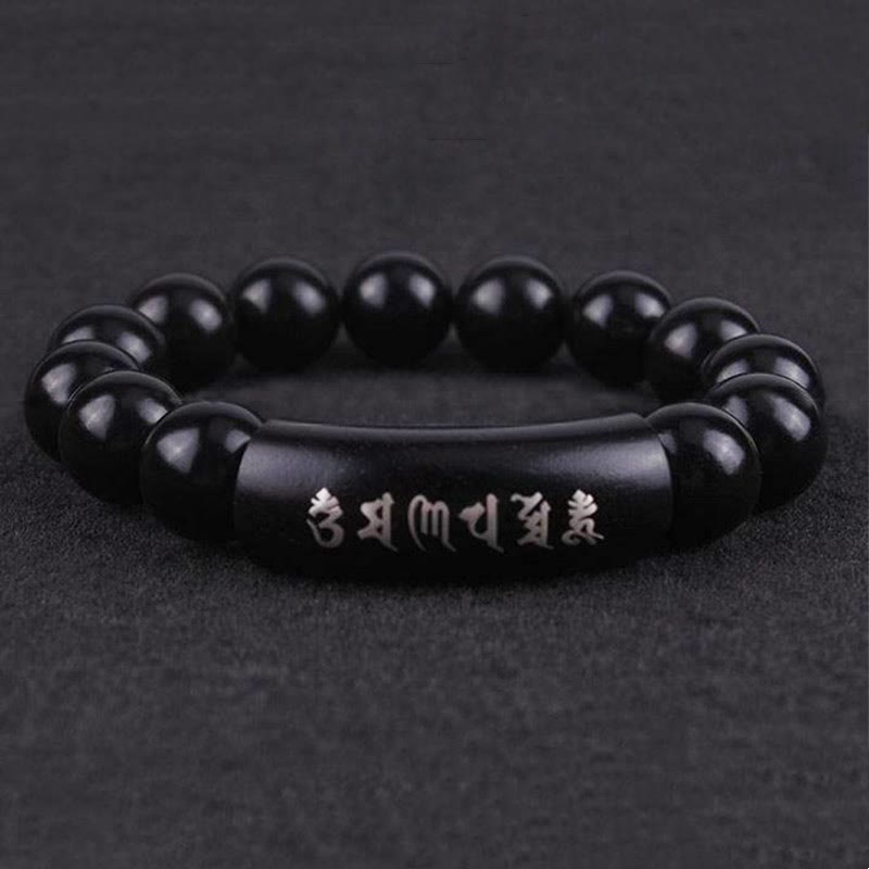 Pulsera de equilibrio con incrustaciones de Om Mani Padme Hum de madera de ébano de plata de ley 999 con Buddha Stones