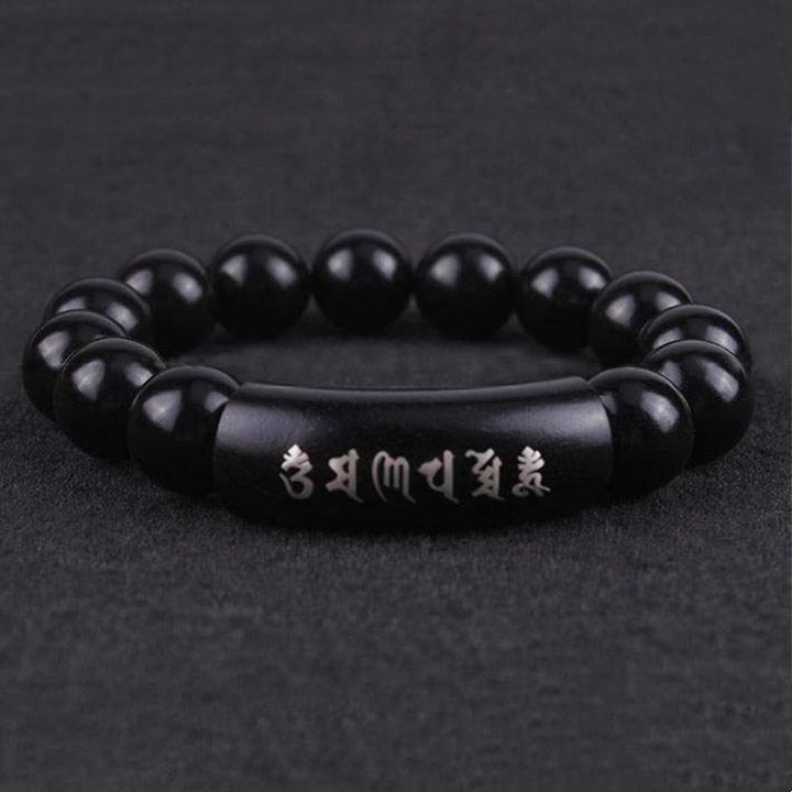 Pulsera de equilibrio con incrustaciones de Om Mani Padme Hum de madera de ébano de plata de ley 999 con Buddha Stones