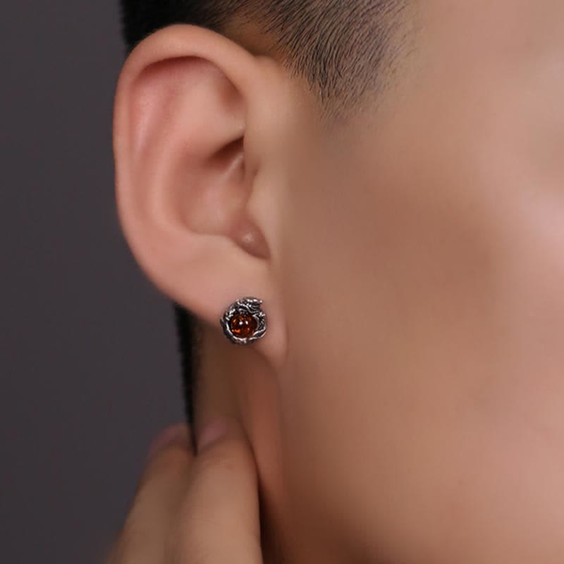 Pendientes de tuerca de plata de ley 925 con Buddha Stones, dragón de ámbar natural, protección del éxito