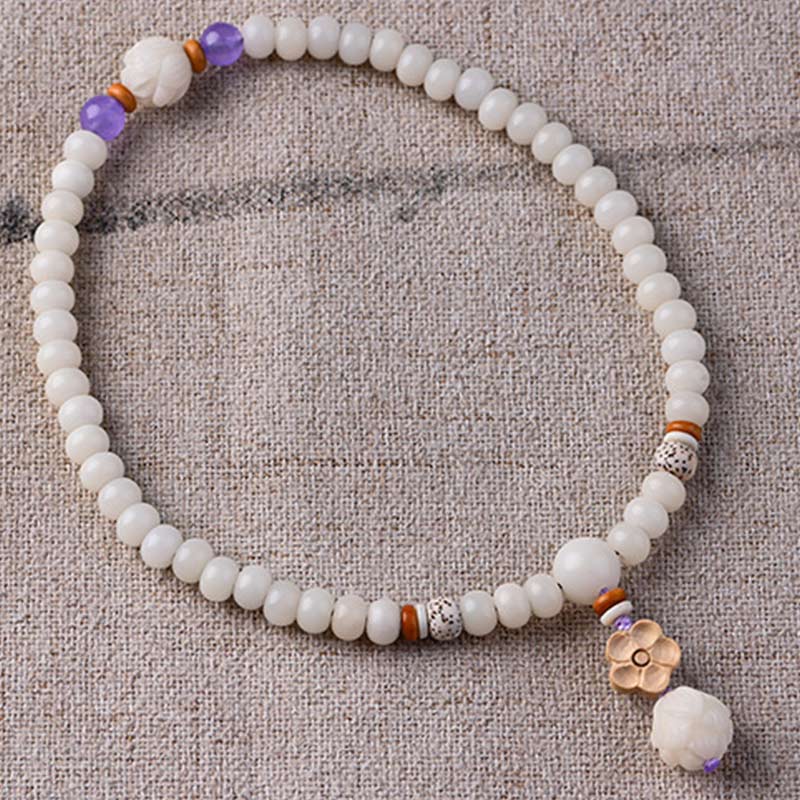 Pulsera de bendición de loto Bodhi de jade blanco tibetano con Buddha Stones
