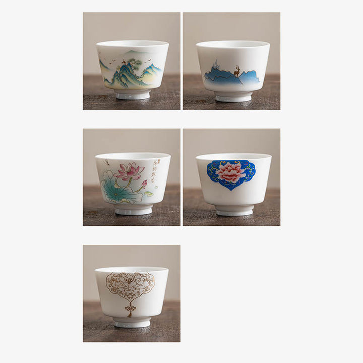 Taza de té de cerámica con Buddha Stones, flor de loto, hoja, montaña, pabellón, alce, peonía, taza de té de Kung Fu