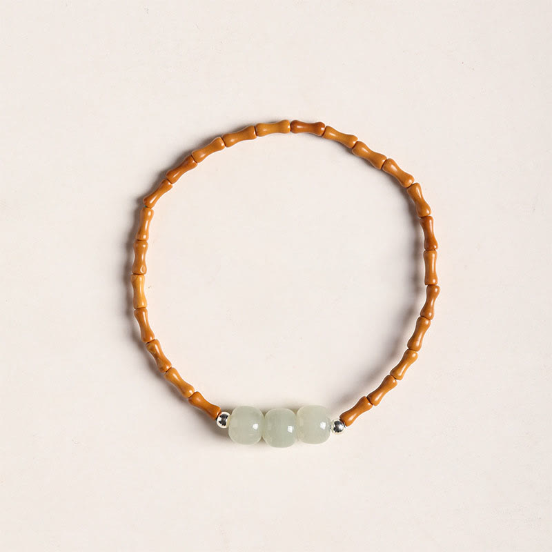 Pulsera de la suerte con cuentas de jade hetiano con patrón de bambú de oliva natural con Buddha Stones