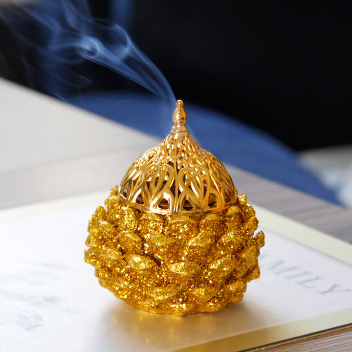 Mini quemador de incienso con diseño de cono de pino dorado, decoración de mesa para el hogar, rituales espirituales