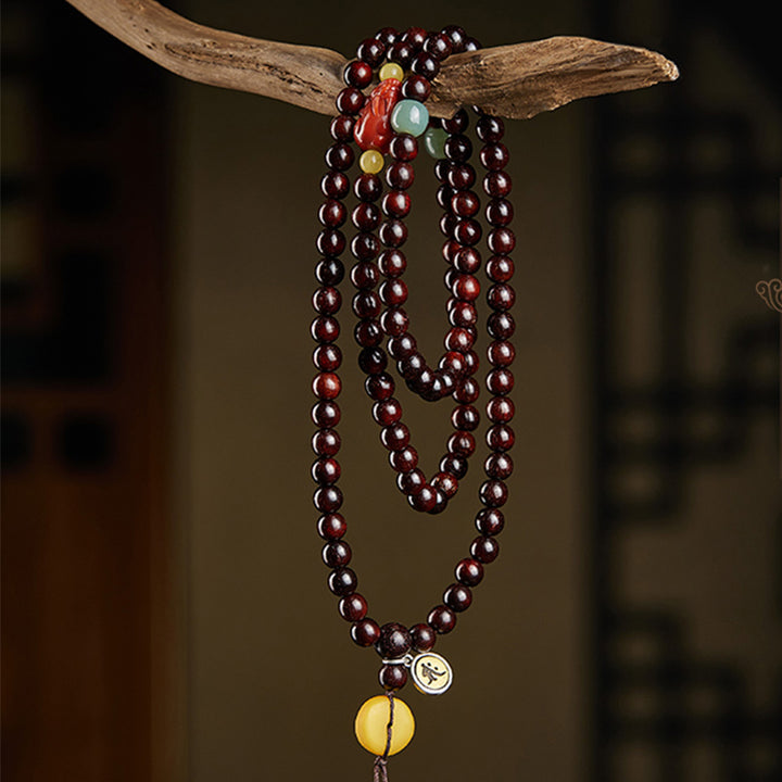 Buddha Stones zodiaco chino Buda Natal 108 cuentas Mala hoja pequeña sándalo rojo ágata roja pulsera de protección PiXiu