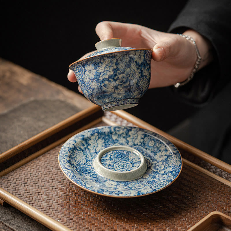 Buddha Stones azul y blanca vintage Flor de durazno Loto Peonía Cerámica Gaiwan Sancai Taza de té Kung Fu Taza de té y platillo con tapa