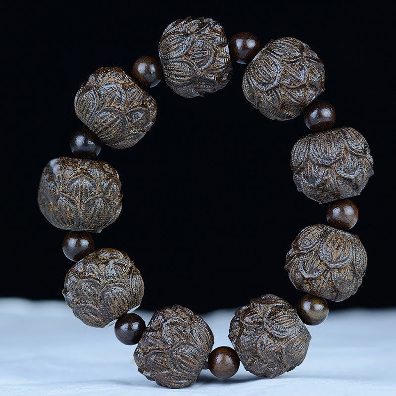Pulsera de equilibrio grabada con dragón de loto, dieciocho arhats, madera de ébano, Buddha Stones
