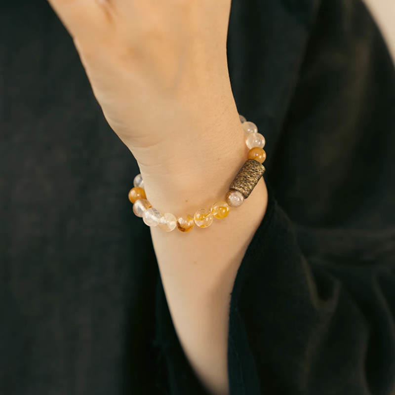 Buddha Stones Cristal blanco Cuarzo hematoide rojo Cuarzo rutilado dorado Pulsera de protección fantasma púrpura