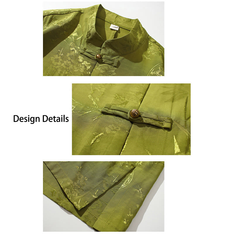 Camiseta de hombre con botones de rana, camisa china de media manga con Buddha Stones , flor de melocotón, hojas de bambú