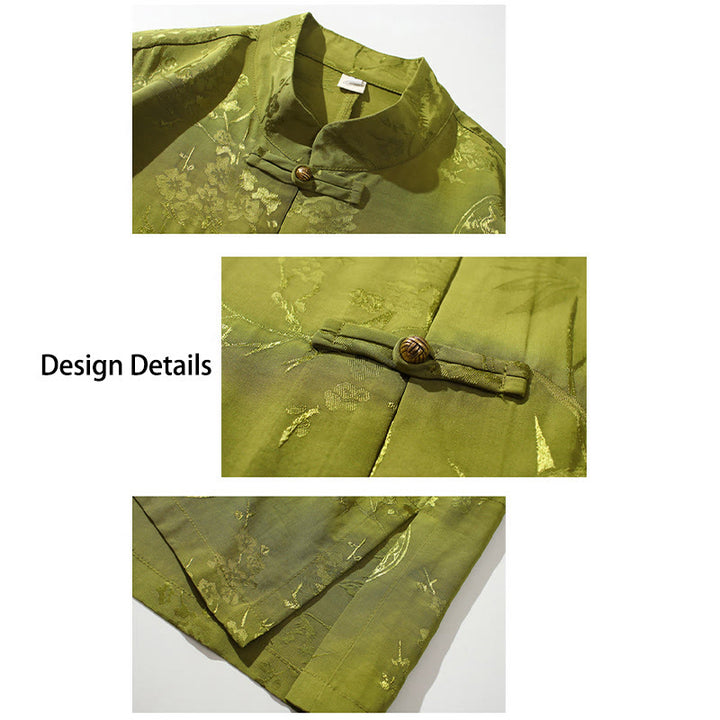 Camiseta de hombre con botones de rana, camisa china de media manga con Buddha Stones , flor de melocotón, hojas de bambú