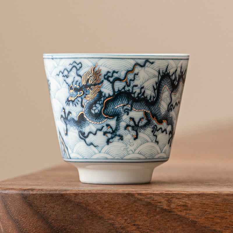 Tazas de té de cerámica con diseño de dragón blanco y azul pequeño de Buddha Stones, tazas de té de Kung Fu de 45ml