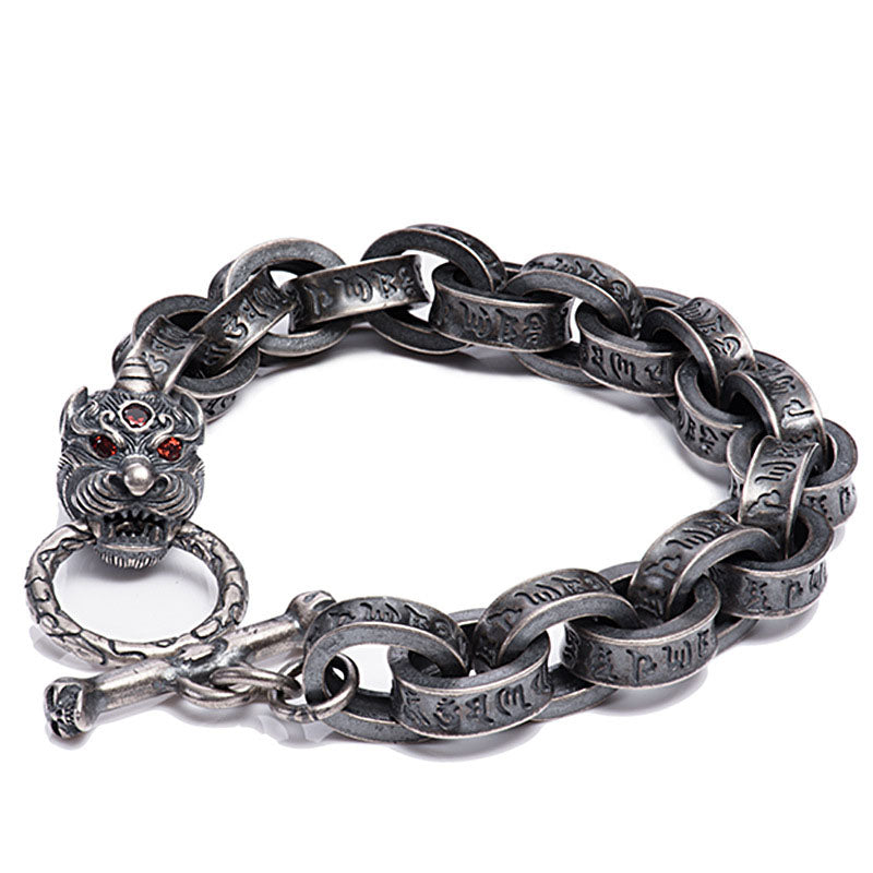 Brazalete de plata de ley 925 con diseño de dragón Kirin Om Mani Padme Hum y fuerza de éxito