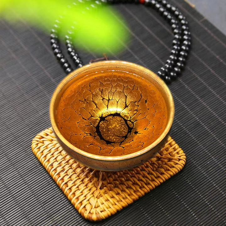 Taza de té de cerámica Jianzhan chino con diseño de manchas doradas y piedras de Buddha Stones , tazón de taza de té de Kung Fu con caja de regalo