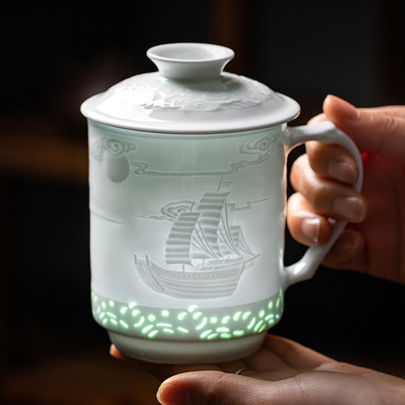 Buddha Stones Jingdezhen Linglong porcelana auspiciosa dragón Fénix barco navegación suave taza de té de cerámica tazas de té de oficina 420ml