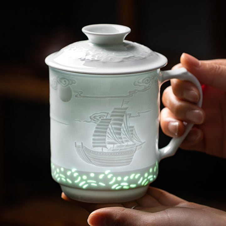 Buddha Stones Jingdezhen Linglong porcelana auspiciosa dragón Fénix barco navegación suave taza de té de cerámica tazas de té de oficina 420ml