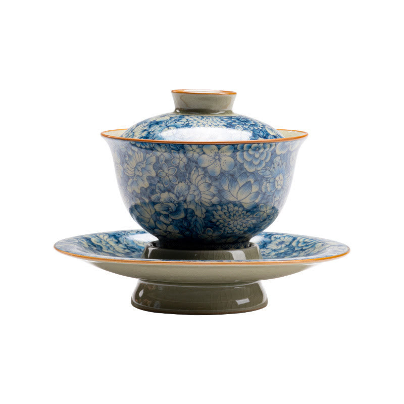 Buddha Stones azul y blanca vintage Flor de durazno Loto Peonía Cerámica Gaiwan Sancai Taza de té Kung Fu Taza de té y platillo con tapa